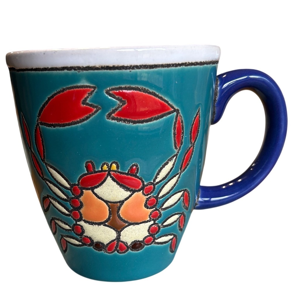 Vintage Eduardo Vega Ecuador Art Pottery Crab Mug –Signed Hand Glazed Teal & Red